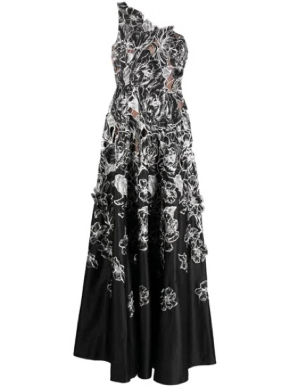 Marchesa Black and White Floral One-Shoulder Maxi Gown